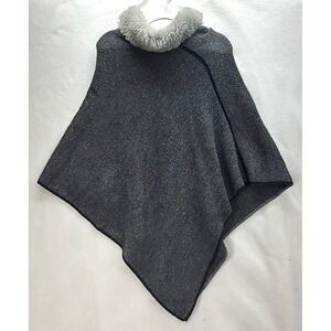 Fratelli Talli Women Wool Alpaca Blend Gray Poncho Faux Fur Collar Made In Italy